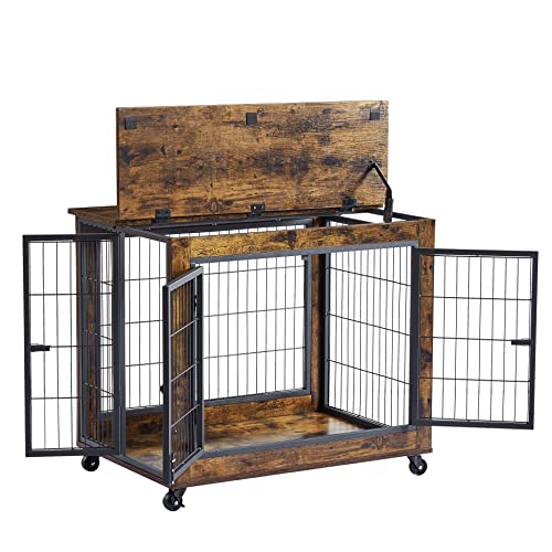 Hundebox Möbelstil Holzkennel Tisch Hundehütte Innenbereich mit Doppeltür aufklappbarem Dach Rollen Vintage braun 80x56x69.5cm-5