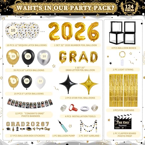 Image of Party Spot！2026 Black and Gold Graduation Party Decorations,124 PCS Graduation Decorations Class of 2026，4 PCS Balloons Boxes with LED Light String & Letters 2026 GRAD So Proud of You