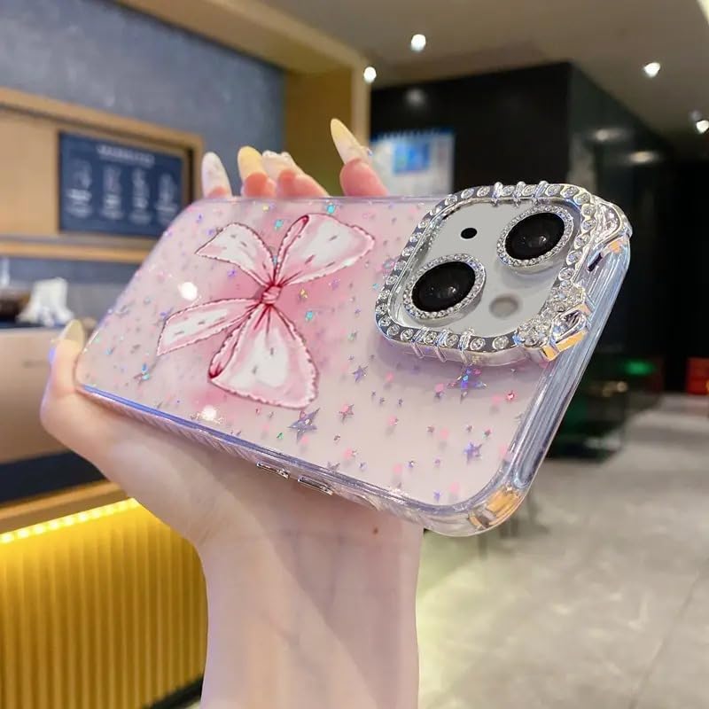 Image of mobistyle Designed for iPhone 14 Plus,Cute Sparkling Bow Pattern Camera Protection Back Cover Case for Women Girls | iPhone 14 Plus,Pink |