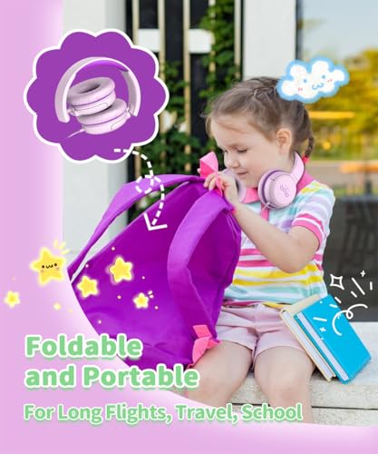 Image of Wired Kids Headphones with Mic, Foldable, Volume Control Safe Listening(85 /94dB), 3.5mm Jack on-Ear Headset for Chilren /Teens /School /Travel /Plane /Ipad /Tablet /Laptop, PinkPurple