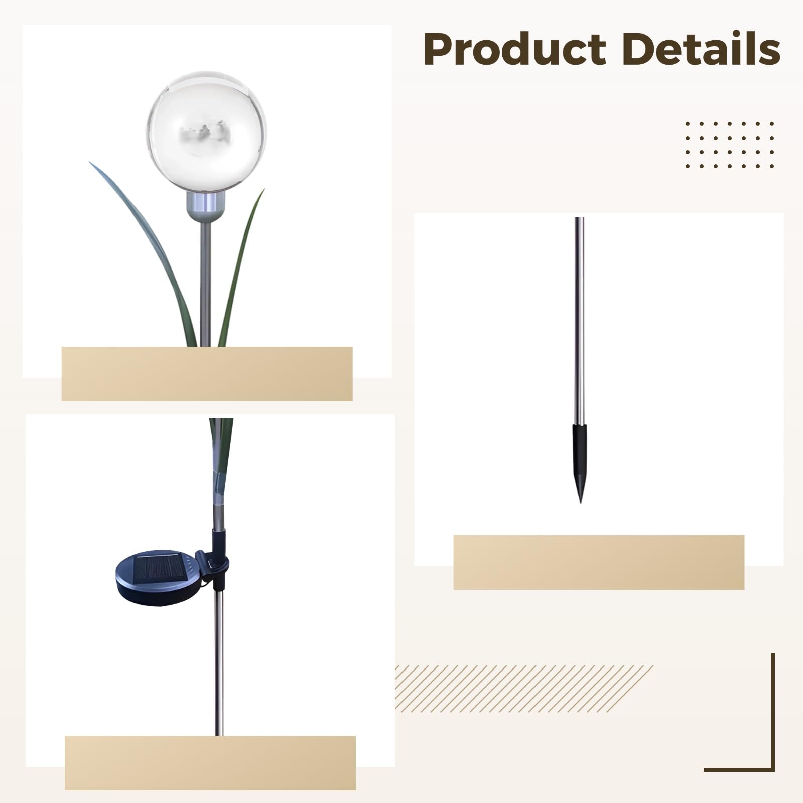 Solarne lampy kwiatowe na zewnątrz, wodoodporne, solarne lampy kulowe z liśćmi, stal nierdzewna, 70 cm, paliki ogrodowe, ciepłe światło do dekoracji ścieżki i trawnika, 4 szt