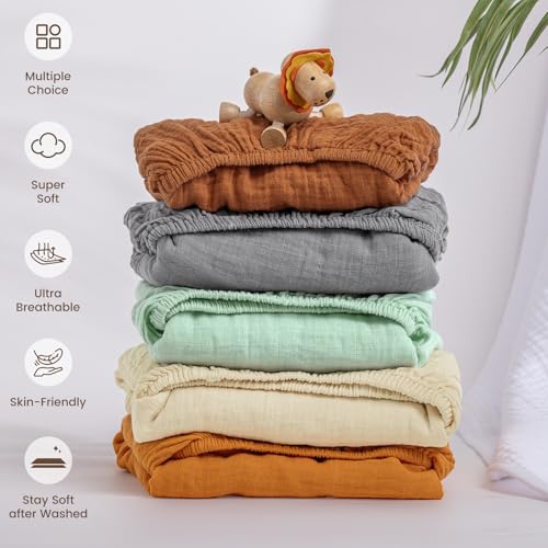 Image of david's kids Muslin Mini Crib Sheets, 2 Pack Cotton Pack N Play Sheets for Boys Girls Neutral, Soft Breathable Baby Sheets Fit Pack N Play, Playard and Mini Crib Mattresses, Beige & Brown