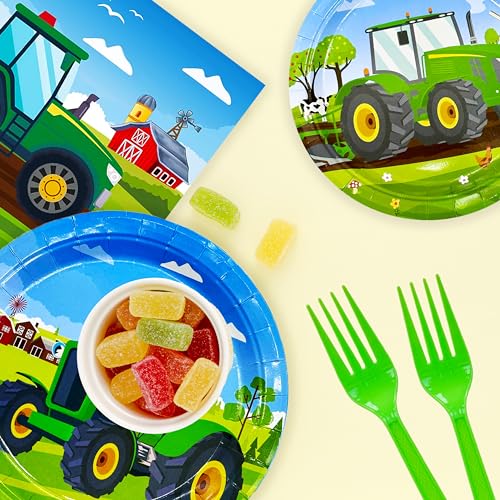 Tractor Party Supplies (100 pcs) Tractor Plates, Tractor Napkins, Tractor Plates Paper Napkins for Tractor Birthday Party, Forks, Tractor Birthday Decorations, 25 Serves