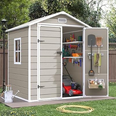 VONZOY Outdoor Resin Storage Shed, 6x4.5FT Plastic Storage Sheds with Floor, Lockable Door, Window, Waterproof Tool Sheds & Outdoor Storage Outside for Bike, Garbage Can,Accessories, Dark Grey