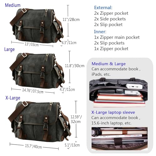 [Upgraded] Vintage Canvas Messenger Bag 13 15.6 17 inches Large Book Laptop Shoulder Bag Women Men New (Black, Large)2