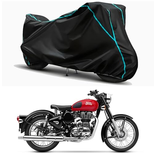 Image of Waterproof Bike Body Cover Compatible for | Royal Enfie Bullet 350 | Taffeta Fabric, Sky Piping Design, Bottom Elastic Fit | Dustproof, Sun UV & Rain Protection for All Weather.