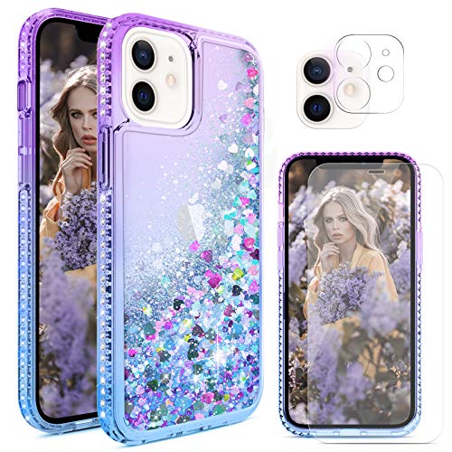 Elegant Choise for iPhone 12 Case, iPhone 12 Pro Phone Cases, iPhone 12 Cases for Women Girls with Screen & Camera Protector, Liquid Glittery Bling Shiny Crystal Phone Case for iPhone 12 (Purple)