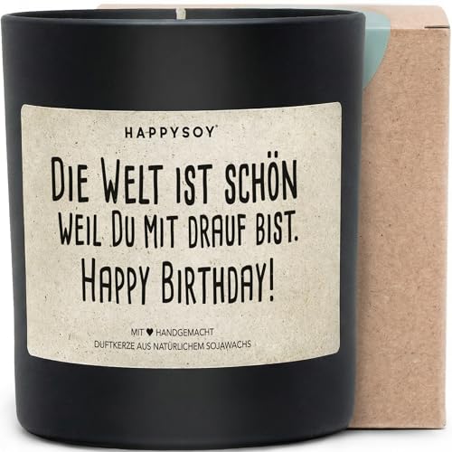 Die Welt ist schön weil Du mit drauf bist - Duftkerze mit Spruch als Geschenk zum Geburtstag für Freundin, Schwester, Mama, Kerze im Glas, blumiger Duft
