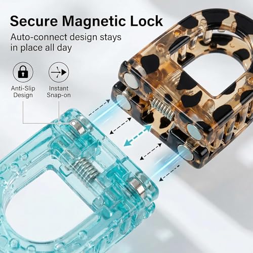 Image of 2 Pcs Hair Clutchers for Women, Magnetic Hair Clip, 2-in-1 Section Clips for Hair Styling, Daily Use and Professional Salon Clutcher Hair Accessories, Black Brown Print Hair Claw Clips (Checkered Pattern And Blue)