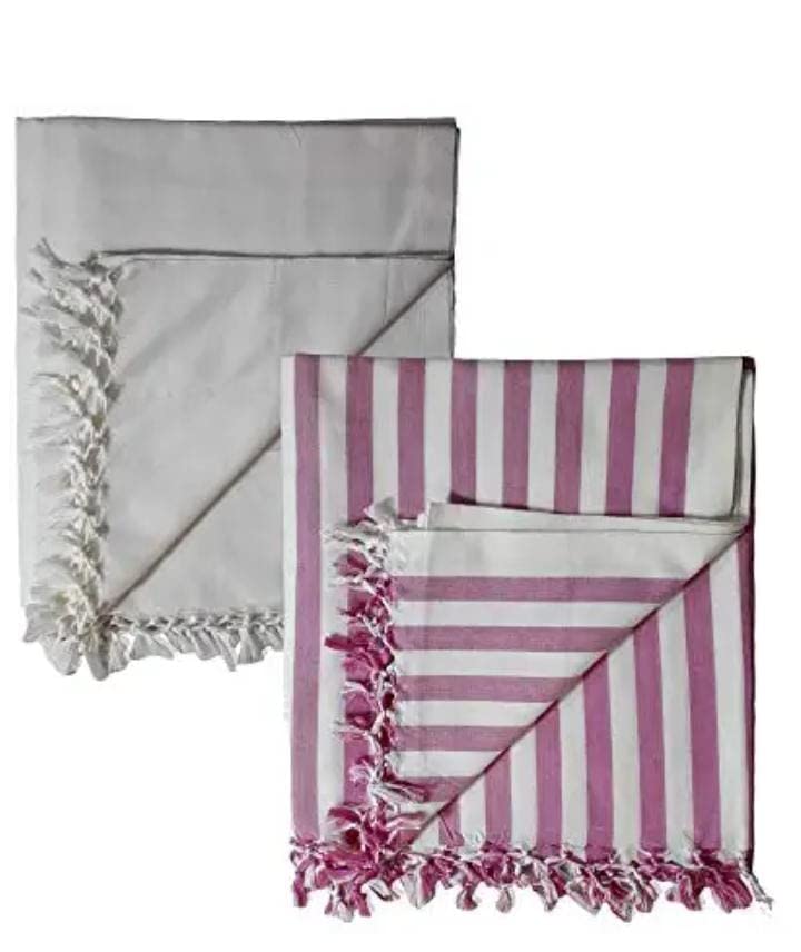 Aadya Collection Bhagalpuri Handloom Red and Olive Patta Summer AC Chadar Pack of 2 (White-Pink)