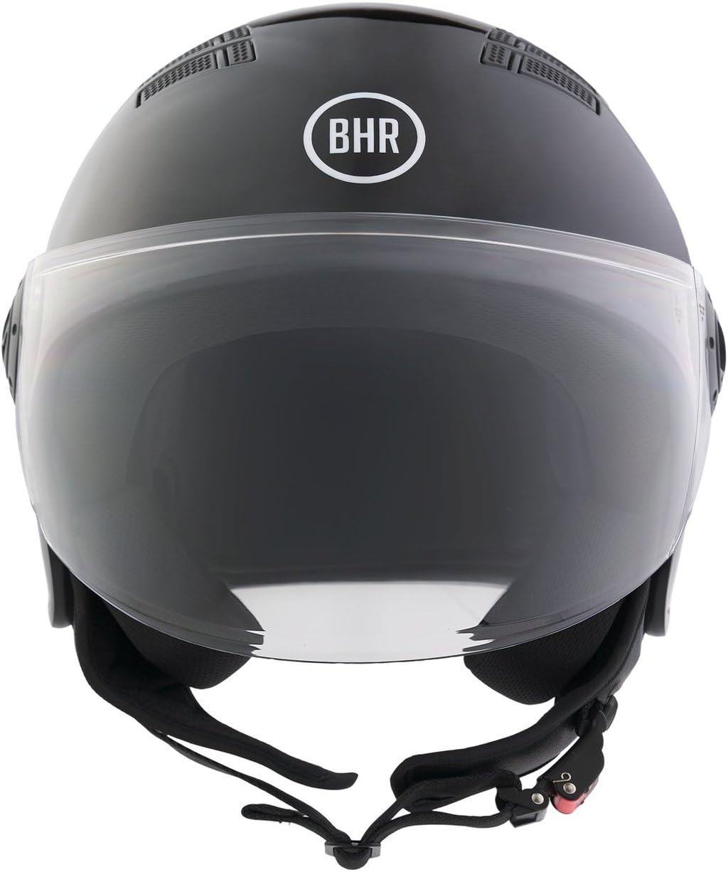 Casque Demi-Jet BHR 834 Flow - Casque Moto d'été Homologué ECE 22.06 avec 16 Trous de Ventilation - Casque avec Visière Anti-Rayures et Fermeture Micrométrique - Noir Métallisé M