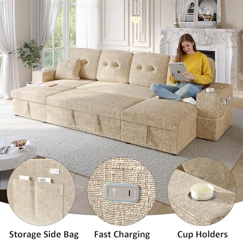 Image of Modular Sectional Sleeper Sofa Bed, 117 inch U-Shaped Sofa with Dual Storage Chaise | Reclining Backrest | Wide Armrest, Couches for Living Room, 4 in 1 Pull Out Couch Bed, Khaki