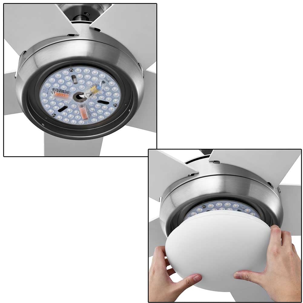 BAKAJI Ventilatore Lampadario da Soffitto 5 Pale in Legno con Lampada Plafoniera 60 LED 20W in Vetro 3 Velocità Funzione Timer Luce Cambio Colore e Telecomando Diametro 132cm Bianco Silver