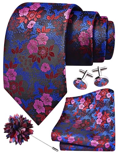 Image of GUSLESON 3.15 inch（8cm） Mens Floral Tie and Lapel Pin Necktie Hankerchief Cufflinks Set for Men