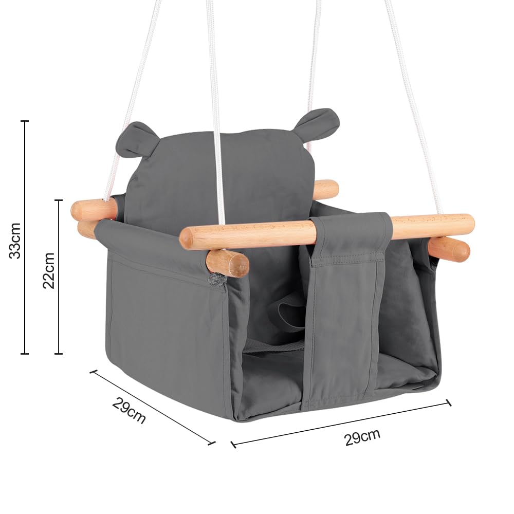 Homewell - Columpio interior para bebé y niños, asiento columpio de madera y algodón para bebé, columpio escandinavo para desarrollo vestibular, Baby Swing (gris oscuro)