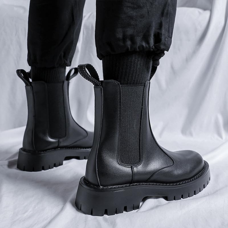 Men's Leather Platform Chelsea Boots Lug Sole Chunky Heel Brogue Dress Ankle Boots Round Toe Retro Slip-On Oxfords Boot4