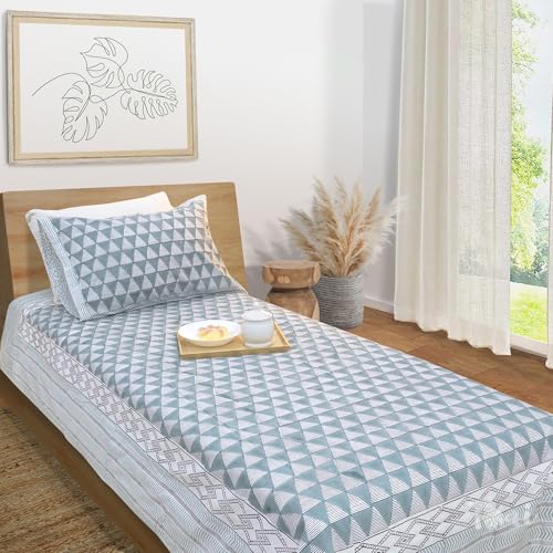 Image of TOAI Hand Block Printed Bedsheet | Bed Spread Flatsheet Bed Sheet | Pure Cotton | Single Bed Size 60 inchx90 inch | 300 TC Long Staple Cotton | 1 Reversible Pillow Cover |Green Line Pattern