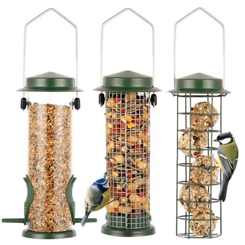 Urban Deco 3er Set Vogelfutterspender zum Aufhängen, Robust Metall Vogelfutterhaus für Vögel, Leicht zu reinigen und nachzufüllen (grün-3pk)