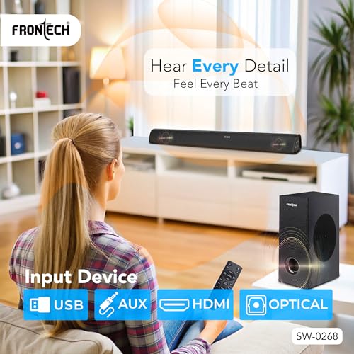 Image of FRONTECH ECHOMAX-268 2.1 Soundbar System | 240W Power | Bluetooth 5.3 | HDMI ARC | Optical Audio | Deep Bass with Wired Subwoofer and Remote (SW-0268)