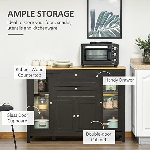 Homcom 47" Sideboard, Buffet Cabinet With Rubber Wood Top, Glass Door, Coffee Bar Cabinet, Kitchen Cabinet With Drawers, Adjustable Shelving For Living Room, Brown #TOP3