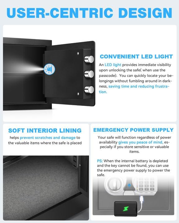 Miniatura 8 de Caja fuerte compacta para dormitorio o escritorio con alarma, alimentación USB-C y modo silencioso, caja fuerte personal de 1.3 pies cúbicos con luz