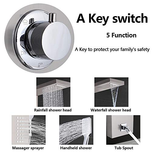 Homgrace Shower Panel Tower System,60\'\' Stainless Steel Rainfall Multi-Function Column Wall Mount Shower Fixtures, Waterfall, Rainfall, Hand Shower, Body Jets Massage, Bathtub Spout,Silver
