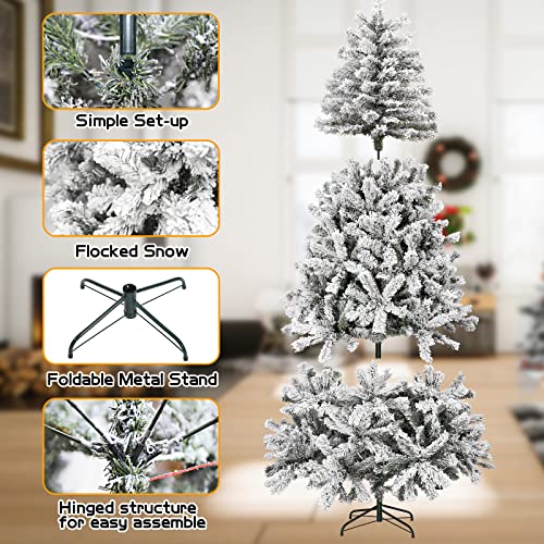 6 Ft Pre Lit Flocked Christmas Tree Artificial Xmas Tree With 216 Warm White Led Lights And 753 Frosted Branch Tips,Prelit Christmas Tree For Indoor Outdoor Yard Decorations #TOP4