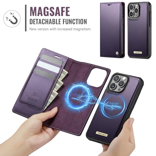 Image of Wallet Case for iPhone 13 Pro Max Compatible with Magsafe, 2-in-1 PU Leather Flip RFID Blocking Card Holder Stand Shockproof Magnetic Detachable Cover for iPhone 13 Pro Max, Fashion Purple