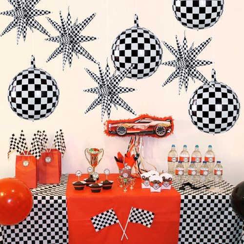 Image of TONIFUL 8Pcs 22Inch Black Checkered Large 4D Giant Round and Star Balloons Explosion Star Mylar Balloons Set for Christmas New Year Birthday Wedding Bridal Shower Anniversary Photo Booth Supplies