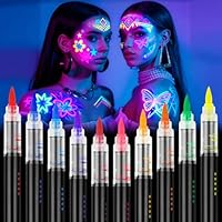 LOPHE Neon Face Paint Pens 10 Colours UV Glow Body Painting Markers,Tattoo Markers for Skin Washable,Halloween, Festival Makeup Kit,Washable & Non-Toxic- Fluorescent Brightest Glow under UV