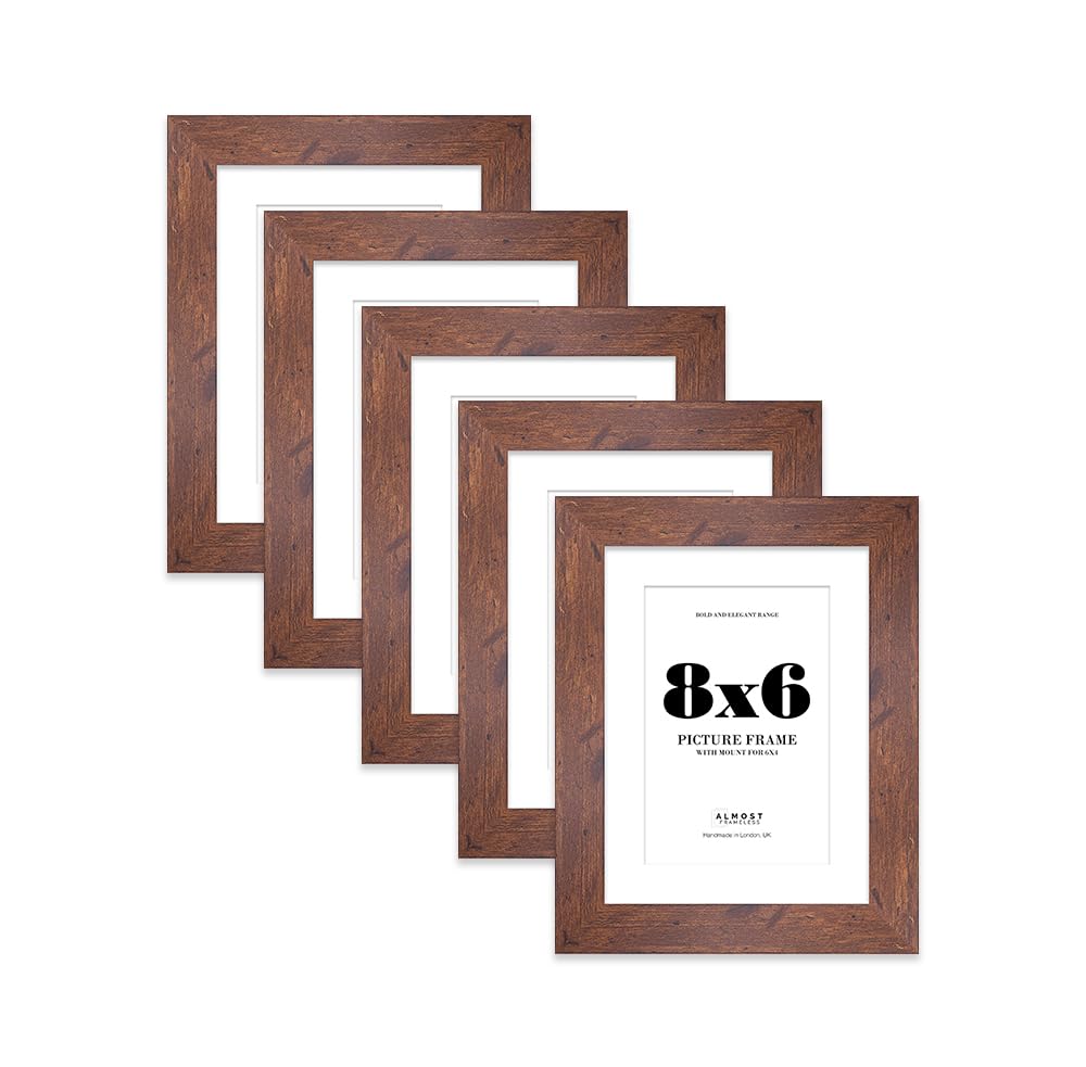 8x6 Rustic Wood Frame With Mount for 6x4 Pictures 28mm Edge Portrait and Landscape Display with Wall Hooks and Kickstand, 5 Pack