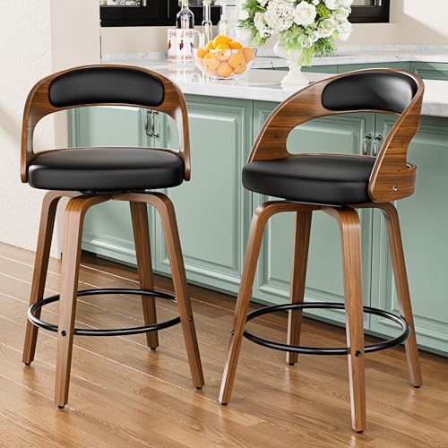 YaFiti Bar Stools Set of 2, 26" Swivel Counter Height Bar Stools with Bentwood Legs and Back, Mid Century Modern Faux Leather Upholstered Counter Stools for Kitchen Island, Bar, Restaurant, Black