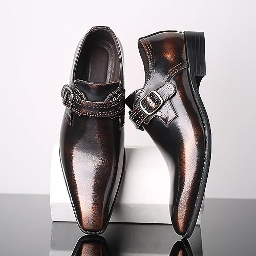 Men's Leather Pointed Toe Dress Shoes,Fashion English Style Adjustable Metal Buckle Hook & Loop Decorate Slip On Block Heel Formal Business Wedding Oxford Shoes Loafer3