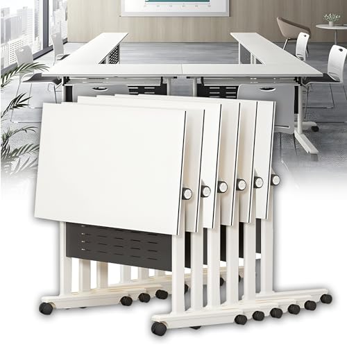 Moderna mesa de conferencias blanca – 63 x 23.6 pulgadas, escritorio de oficina para sala de juntas, escritorio movible para computadora para reuniones, muebles elegantes de sala de reuniones