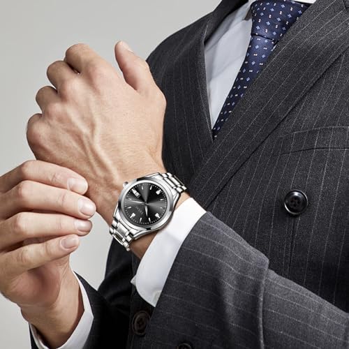 Taxau Silver Watch for Men Dress Black Face Waterproof Watches for Men Analog Quartz Mens Wrist Watch Stainless Steel Band Large Wrist Watches with Day Date Relojes para Hombres