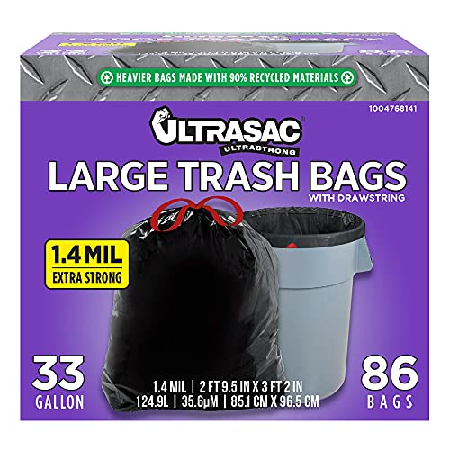 Ultrasac Black Large Heavy Duty Drawstring Trash Bags 33 Gallon 1.4 MIL, 33.5″ x 38″ – Pack of 86 – For Home, Commercial, Construction, & Outdoor