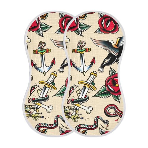 xigua Traditional Tattoo Baby Burp Cloths for Newborn Boys and Girls 2 Pack, Soft & Absorbent Cotton Baby Burp Cloth, Baby Washcloths, Newborn Towel, Burp Rags2