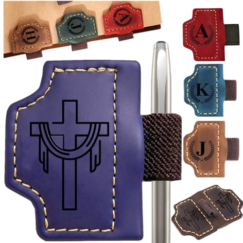 Image of Custom Bookmark with Pen Holder with 26 Letters Personalized Magnetic Leather Book Mark, Customized Name Book Marker Clip with Initial for Men Women, Gifts for Book Lovers, Readers, (Purple, Cross-2)