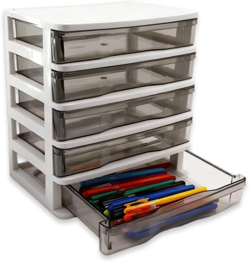5-Layer Drawer Desktop Storage Bin Unit - Small Plastic Organizer with Clear Drawers & White Frame, Mini Container Case for Desk to Store Crafts, Accessories & Stationery