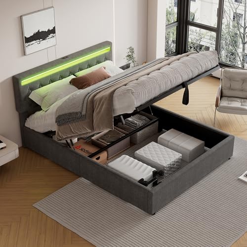 LAKFEW Camas Matrimoniales Cama 160x200 cm con USB y LED, Cama Matrimonio con Almacenamiento Hidráulico y Somier Láminas de Madera, Cama Doble con Cabecero Ajustable, Lino, Gris, Sin Colchon