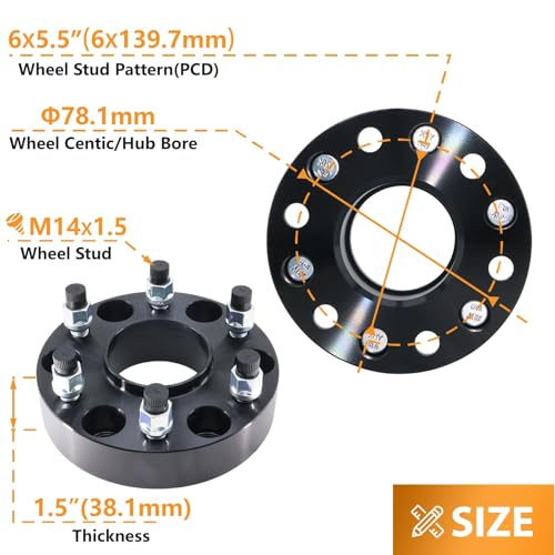 Image of 6x139.7 Wheel Spacers for 1999-2024 Chevy Silverado GMC Sierra 1500 Yukon Escalade, 03-14 Savana Express Tahoe, 07-13 Avalanche, 15-24 Suburban, 1.5 inch 6x5.5 inch 78.1mm Hub Bore M14x1.5 Studs, 4 PCS