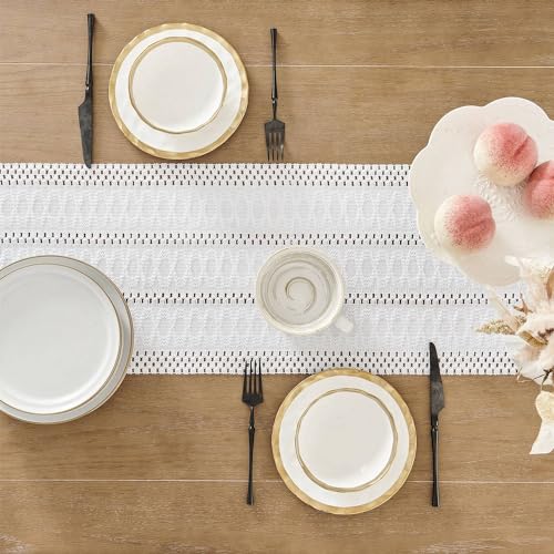 Image of ZeeMart Macrame Style Boho Table Runner, White Table Runners 48 Inches Long, Farmhouse Woven Home Decor, 12x48 Inch, White