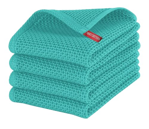 Image of Kitchen Cotton Lint Free Waffle Weave Hand Towels, Quick Drying Dish Cloths, Highly Absorbent Dish Rags Tea Towels Set with Hanging Loop, 13.4 inchx 13.4 inch (Teal Blue, Pack of 4)