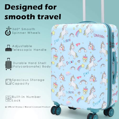Image of NOVEX Unicorn Kids Trolley Bags For Girls With 4 - Wheels | Polycarbonate Spinner Bag, Turquoise Blue | Unique Luggage /Suitcase For Cute Girl Kid - 22 Inch | Water Resistant, 58 Cm