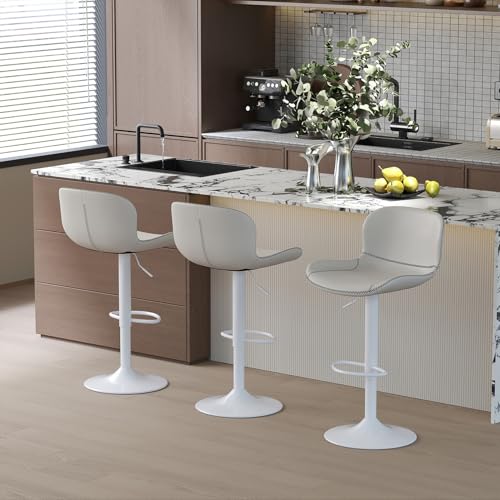 Youhauchair Barhocker 3er Set, Barhocker Höhenverstellbar aus Kunstleder, wasserdicht und verschleißfest, Barhocker mit Lehne, Drehbarer bar Stool, modern, Weiß