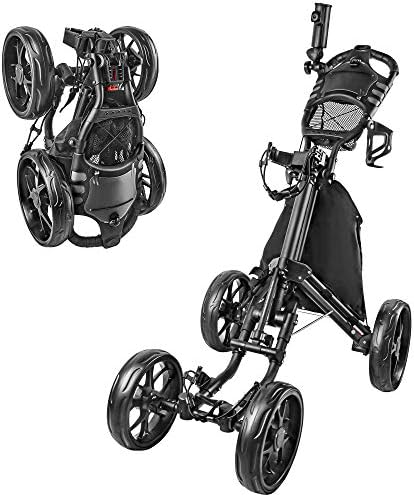 BOBOPRO Golf Push Cart, Golf Cart for Golf Club 4 Wheel Folding Golf Push Carts with Foot Brake Umbrella Holder Golf Accessories for Men Women/Kids (Black)