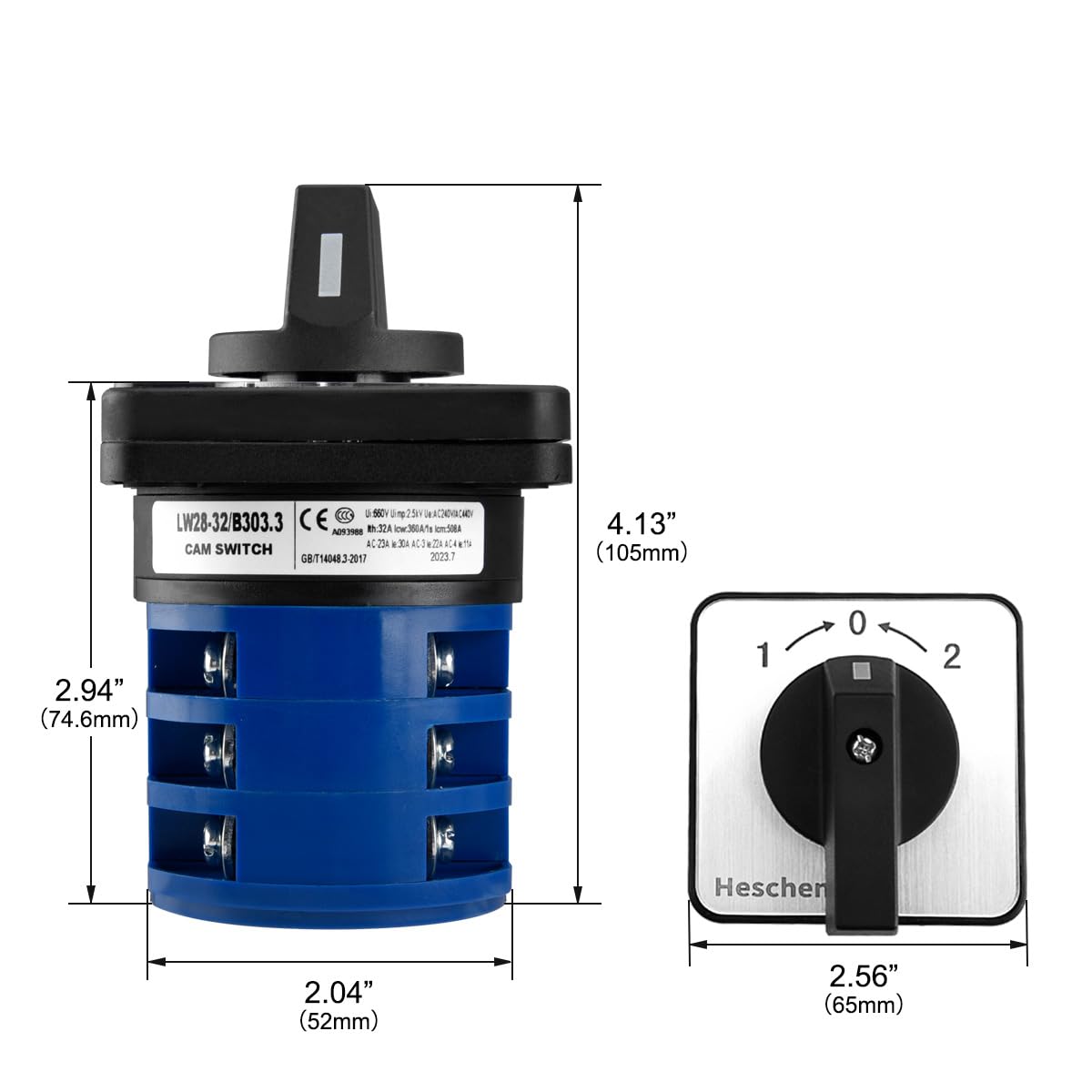 Heschen Interrupteur sélecteur universel à came rotative, LW28-32/B303.3, (ON)-Off-(ON), type momentané, 660V 32A, 3 positions, 3 phases, 12 bornes, CE