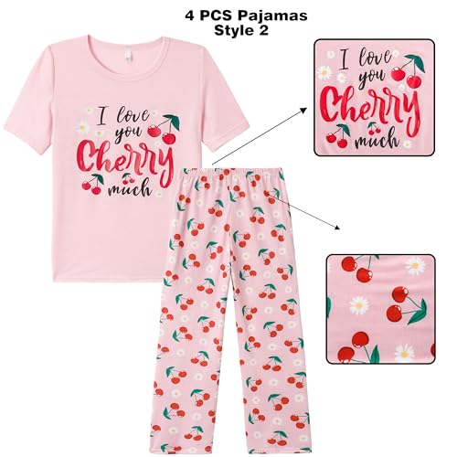 Vopmocld Big Girls' Short Sleeve Long Pants Pajama Sets 4PCS Cartoon Patterns Strawberry Cute Cherry Sleepwear Nighty Lounge3