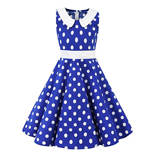 Girls Sleeveless Swing 50S Vintage Casual Blue Polka Dot Dresses Retro Collar Tea Party Dresses Size 4 5 Years（Chw3023-S） #TOP1