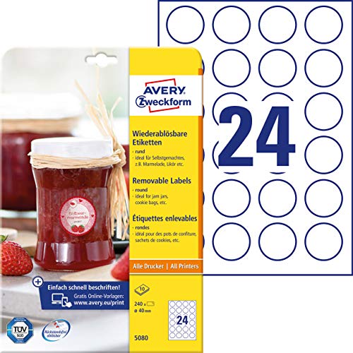 Avery Zweckform Etichette Per Marmellate Art. 5080 (240 Adesivi Rimovibili, Ø 40 Mm Su A4, Rotonde, Per Spezie O Barattoli Di Conserve, Sacchetti Per 